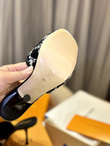 NEO REVIVAL HIGH MULE 95 MM IN BLACK EMBROIDERED FABRIC