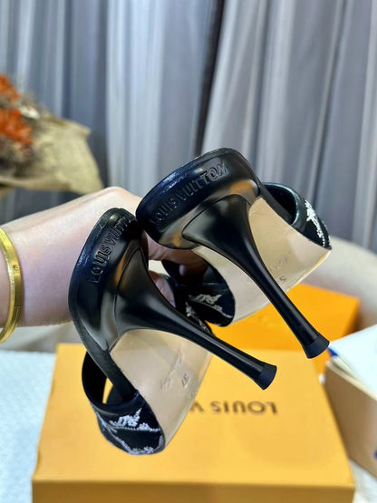 NEO REVIVAL HIGH MULE 95 MM IN BLACK EMBROIDERED FABRIC