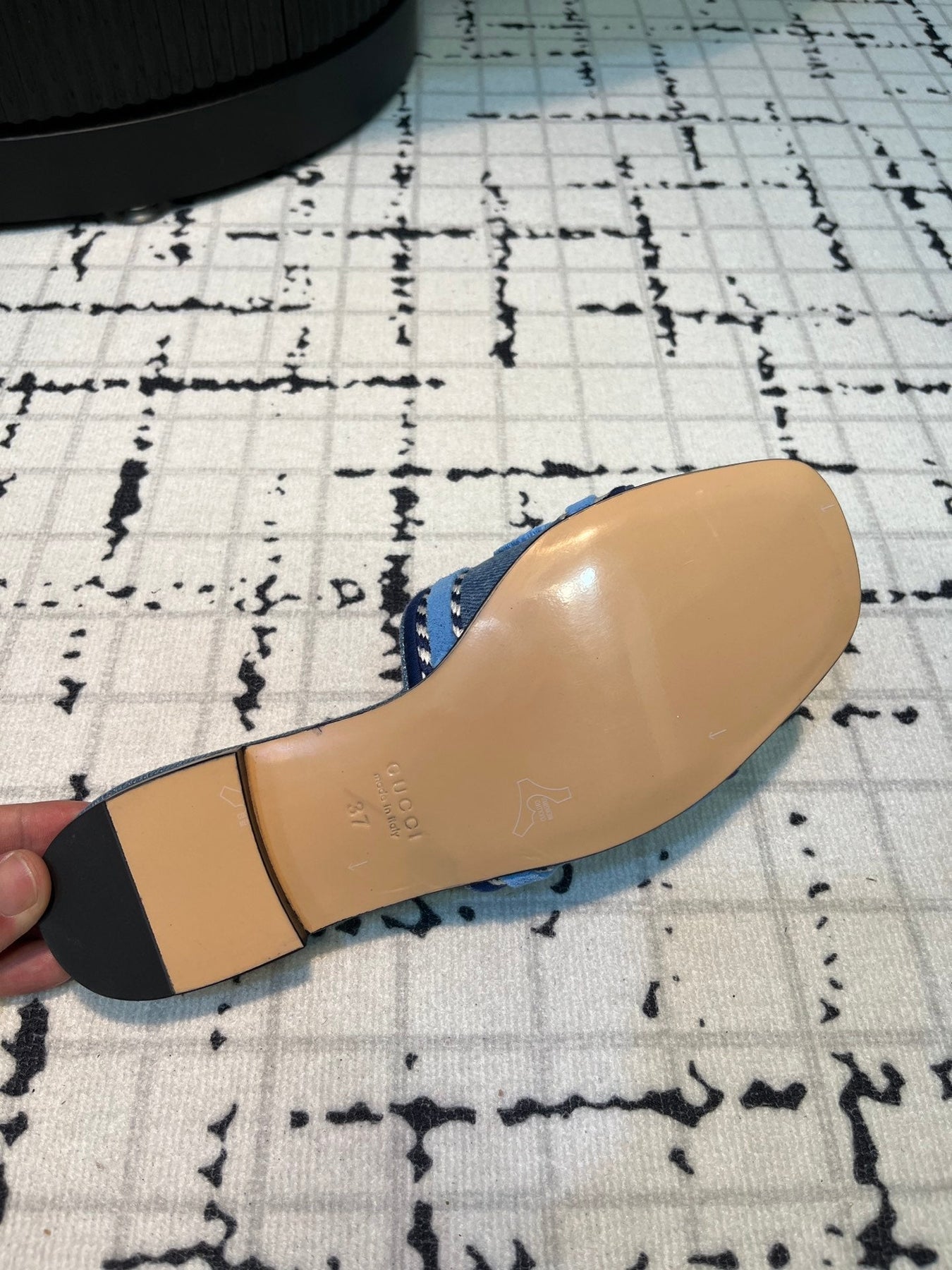 GG SLIDE SANDAL WITH GUCCI SCRIPT TEAL DENIM