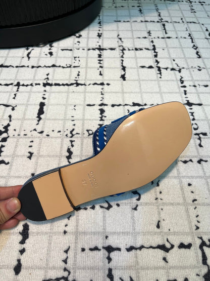 GG SLIDE SANDAL WITH GUCCI SCRIPT STONE DENIM