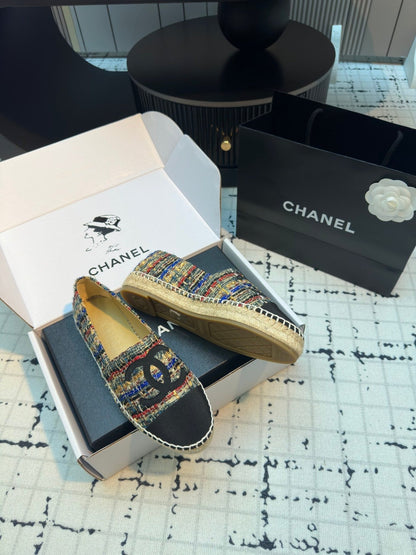 ESPADRILLES LOAFERS IN MULTICOLOR TWEED AND BLACK SATIN