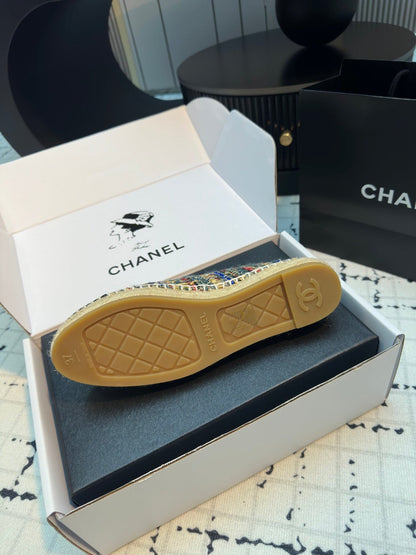 ESPADRILLES LOAFERS IN MULTICOLOR TWEED AND BLACK SATIN