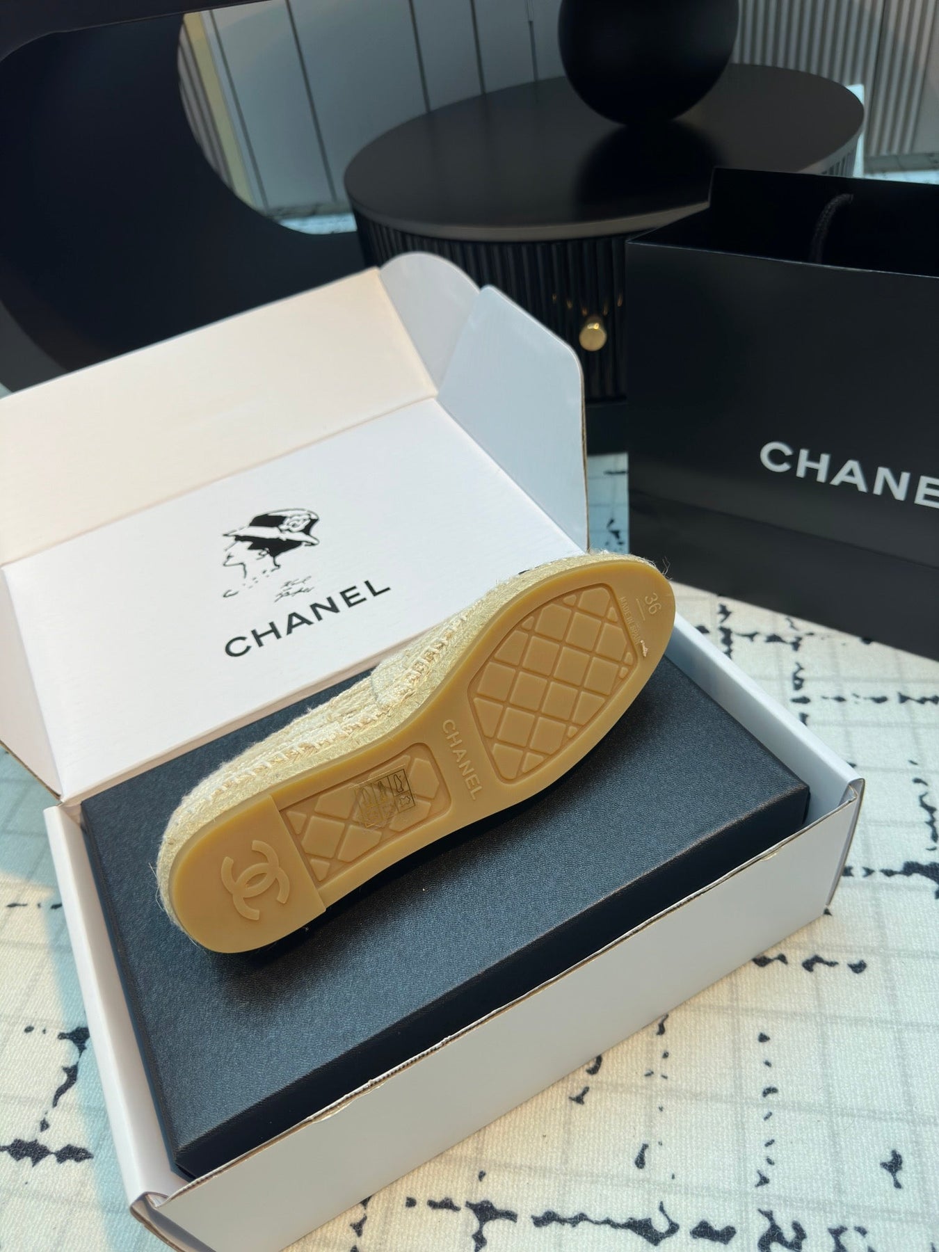 ESPADRILLES LOAFERS IN BEIGE TWEED AND BLACK SATIN