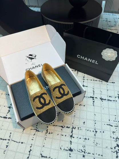 ESPADRILLES LOAFERS IN METALIC GOLD TWEED AND BLACK SATIN