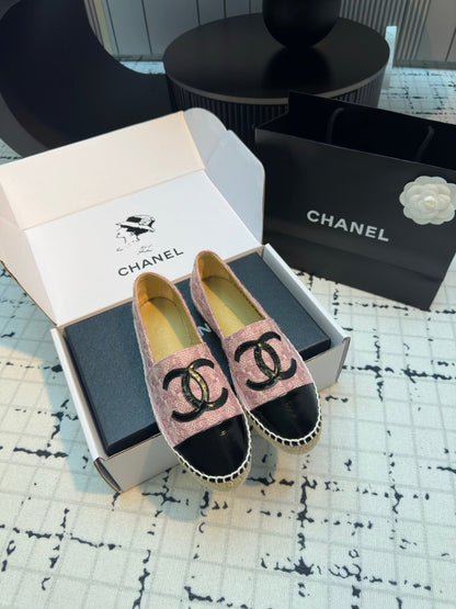 ESPADRILLES LOAFERS IN LIGHT PINK TWEED AND BLACK LAMBSKIN