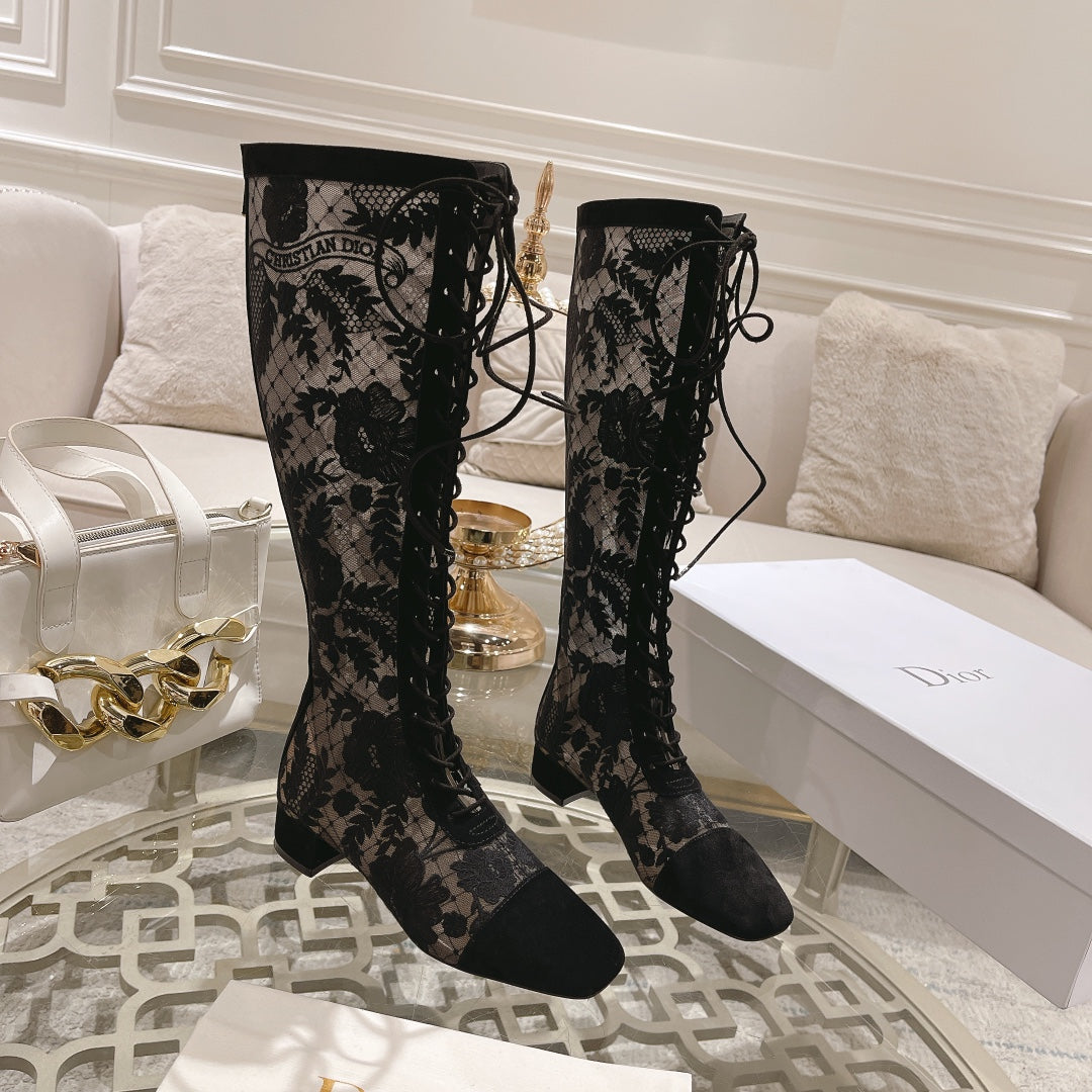 NAUGHTILY-D BOOT BLACK TRANSPARENT MESH AND SUEDE EMBROIDERED WITH ROSES MOTIF 35 MM