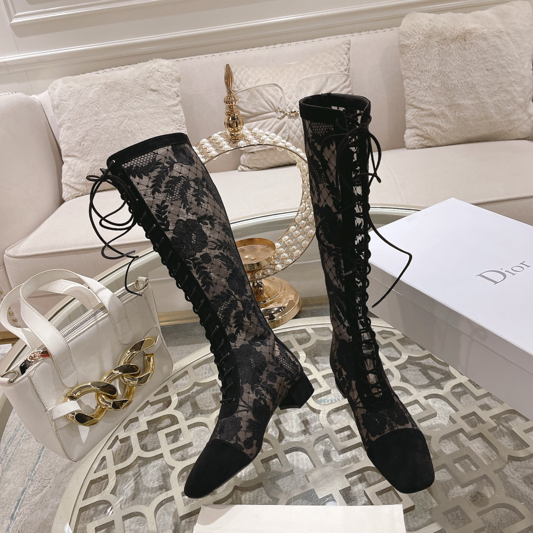 NAUGHTILY-D BOOT BLACK TRANSPARENT MESH AND SUEDE EMBROIDERED WITH ROSES MOTIF 35 MM