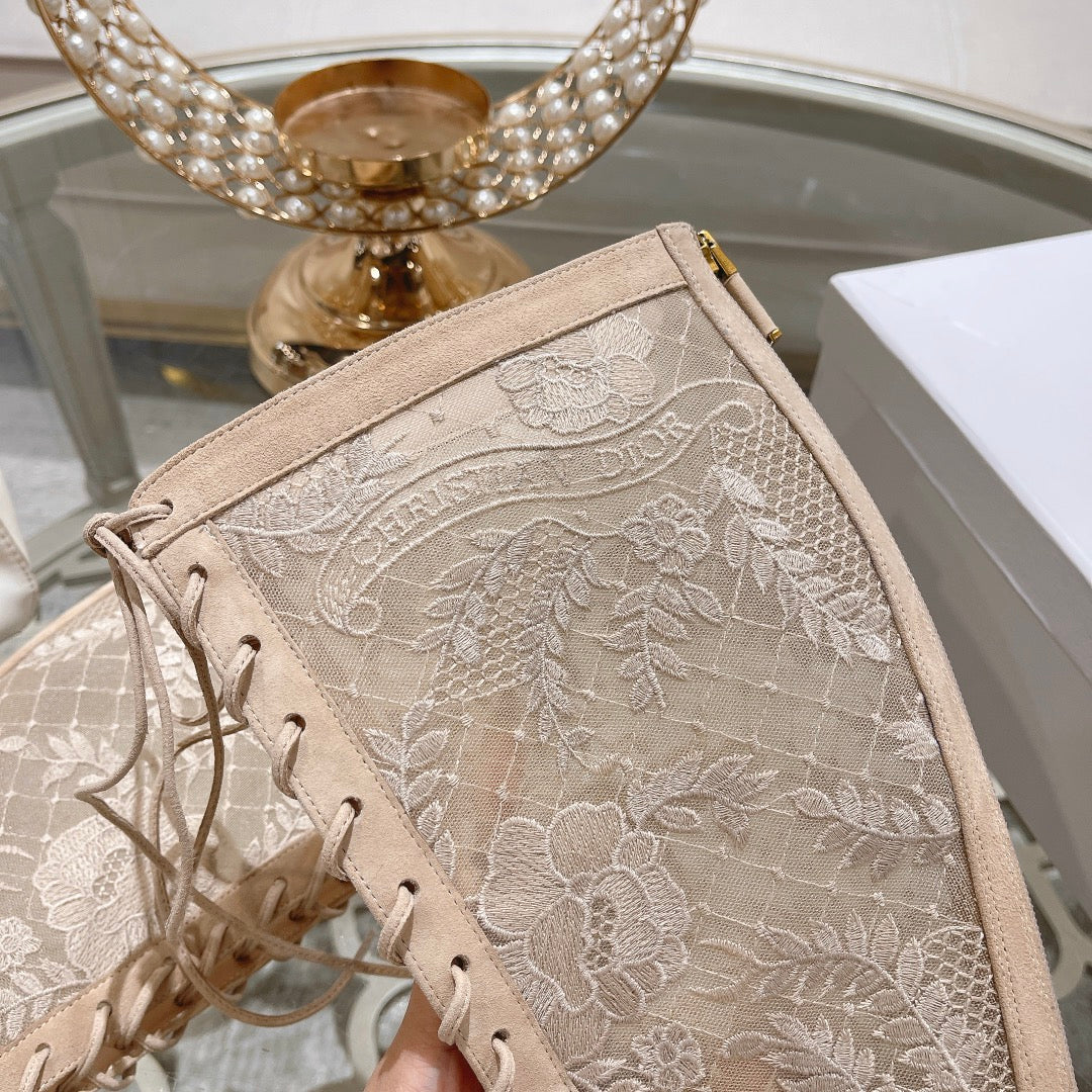 NAUGHTILY-D BOOT NUDE BEIGE TRANSPARENT MESH AND SUEDE EMBROIDERED WITH ROSES MOTIF 35 MM