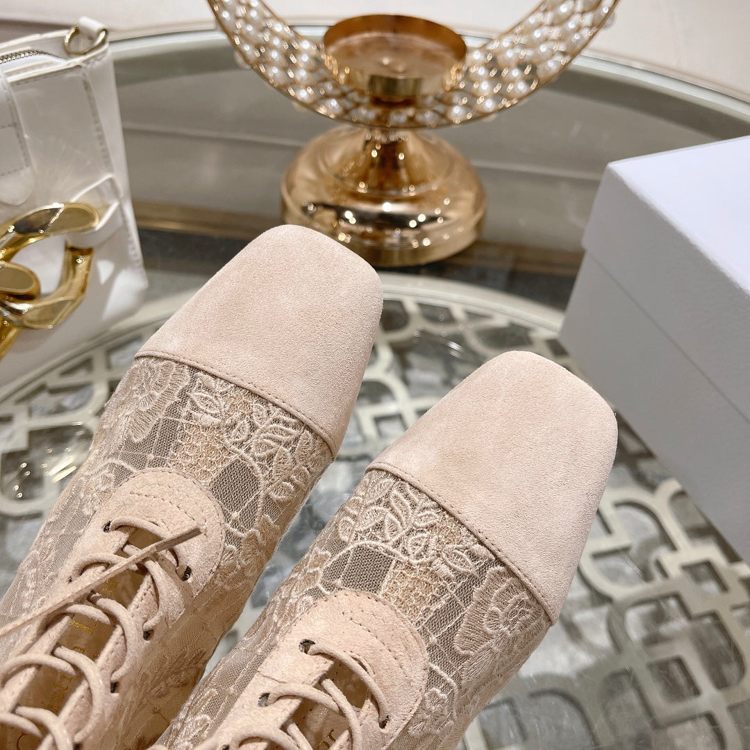 NAUGHTILY-D ANKLE BOOT NUDE BEIGE TRANSPARENT MESH AND SUEDE EMBROIDERED WITH ROSES MOTIF 35 MM