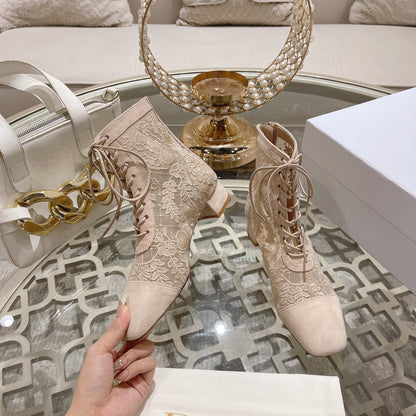 NAUGHTILY-D ANKLE BOOT NUDE BEIGE TRANSPARENT MESH AND SUEDE EMBROIDERED WITH ROSES MOTIF 35 MM
