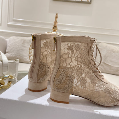 NAUGHTILY-D ANKLE BOOT NUDE BEIGE TRANSPARENT MESH AND SUEDE EMBROIDERED WITH ROSES MOTIF 35 MM