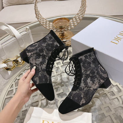 NAUGHTILY-D ANKLE BOOT BLACK TRANSPARENT MESH AND SUEDE EMBROIDERED WITH ROSES MOTIF 35 MM