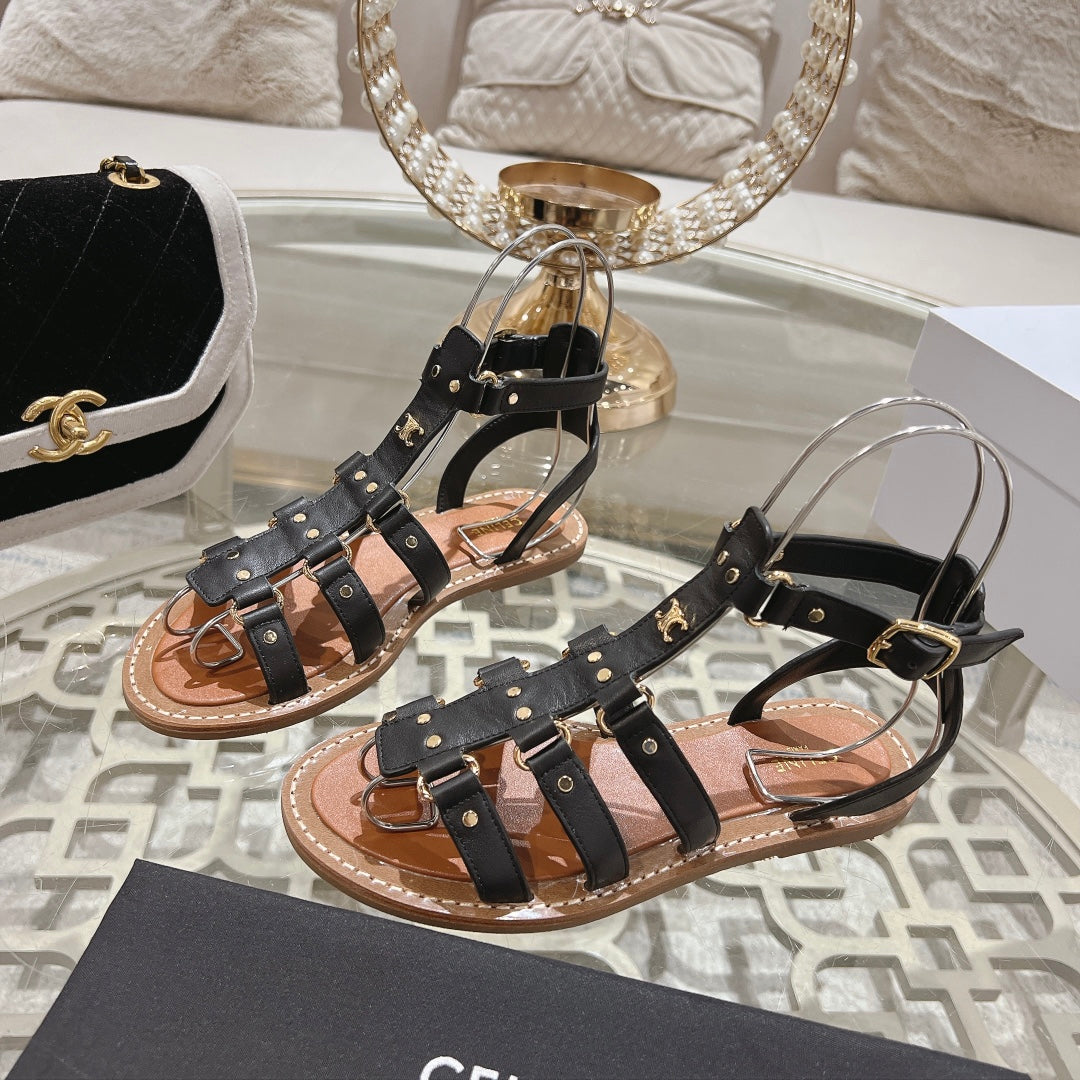 CLEA TRIOMPHE GLADIATOR SANDAL IN BLACK CALFSKIN - VEGETAL TANNING