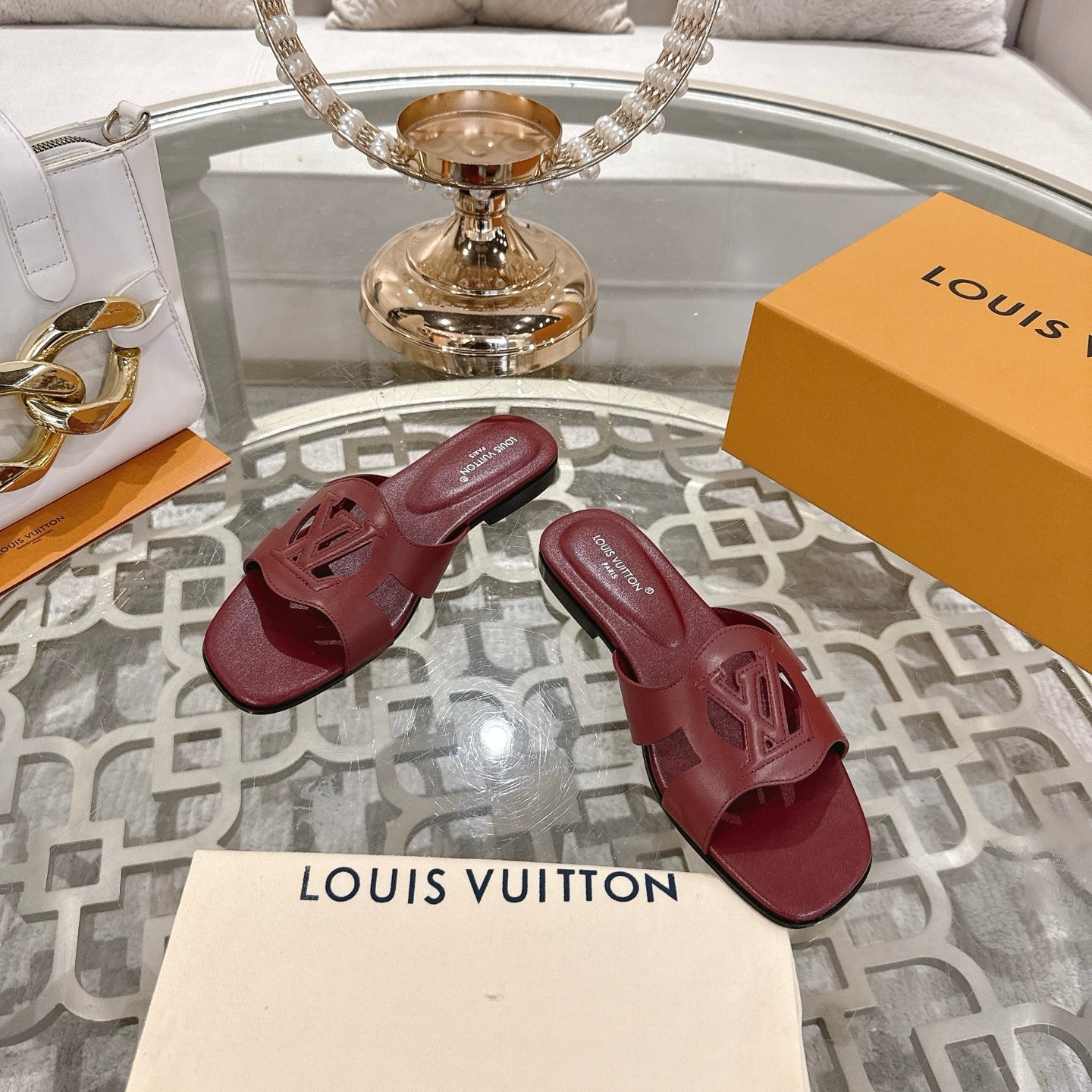 ISOLA FLAT SLIDE IN JAM RED CALFSKIN