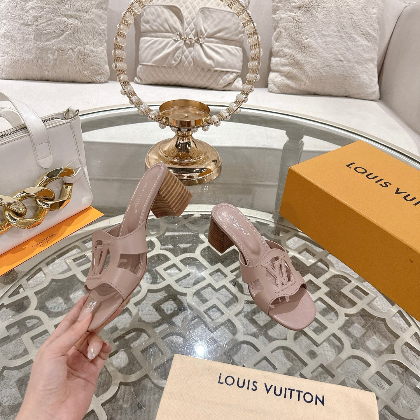 ISOLA HIGH 55 MM MULE IN DUSTY PINK CALFSKIN