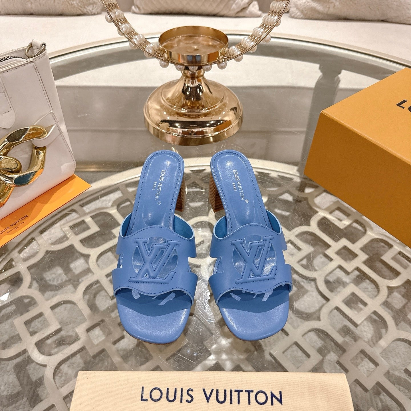 ISOLA HIGH 55 MM MULE IN CORNFLOWER BLUE CALFSKIN