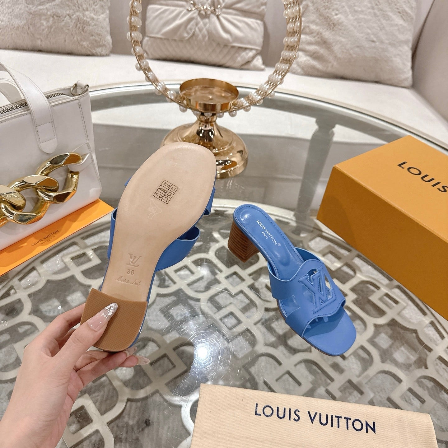 ISOLA HIGH 55 MM MULE IN CORNFLOWER BLUE CALFSKIN