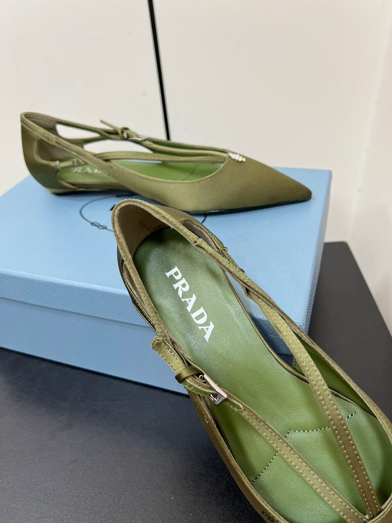 CUT-OUT BALLERINA FLAT IN OLIVE GREEN SATIN ATTACHED BEAD BUCKLE