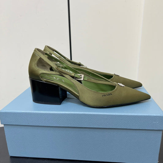 CUT-OUT PUMPS WITH BEAD BUCKLE IN OLIVE GREEN SATIN