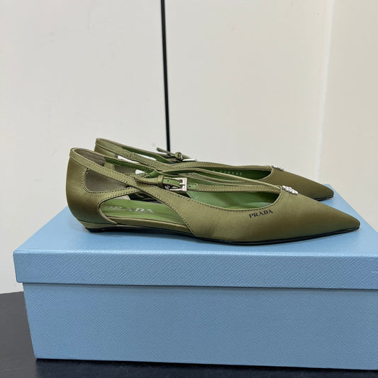 CUT-OUT BALLERINA FLAT IN OLIVE GREEN SATIN ATTACHED BEAD BUCKLE