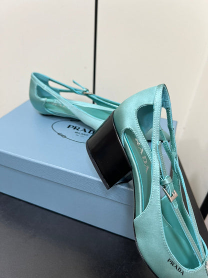 CUT-OUT PUMPS WITH BEAD BUCKLE IN TURQUOISE BLUE SATIN