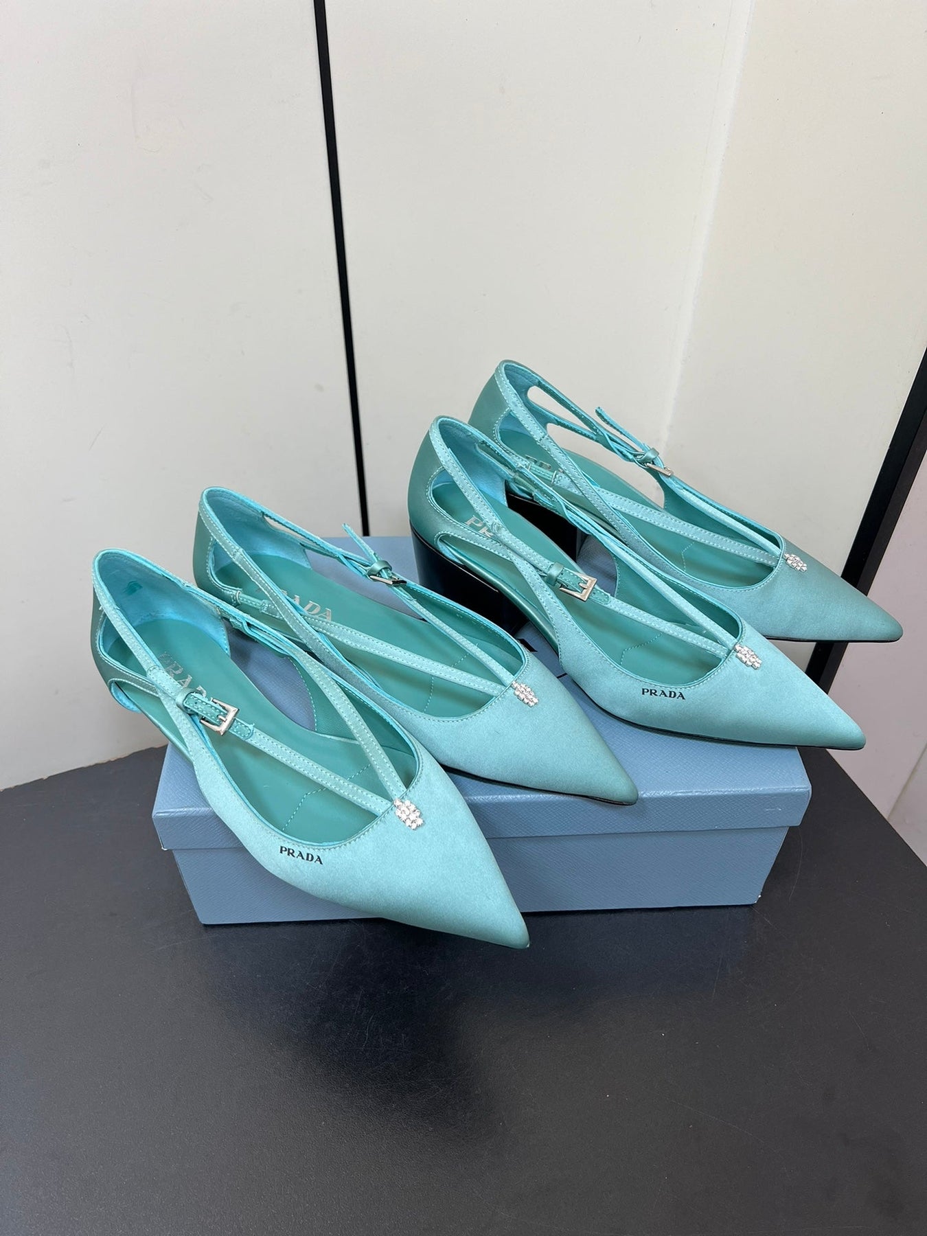 CUT-OUT BALLERINA FLAT IN TURQUOISE BLUE SATIN ATTACHED BEAD BUCKLE