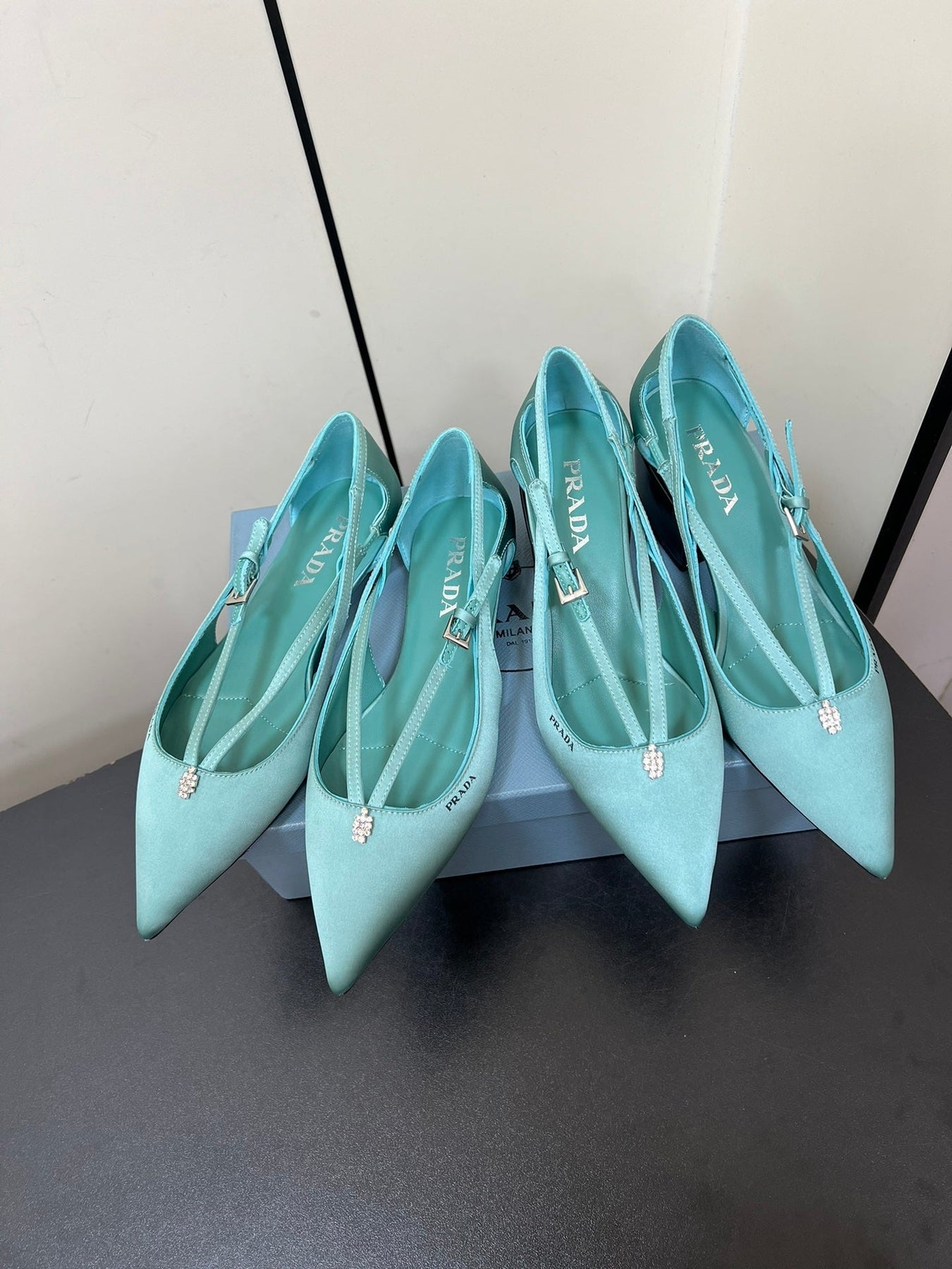 CUT-OUT BALLERINA FLAT IN TURQUOISE BLUE SATIN ATTACHED BEAD BUCKLE