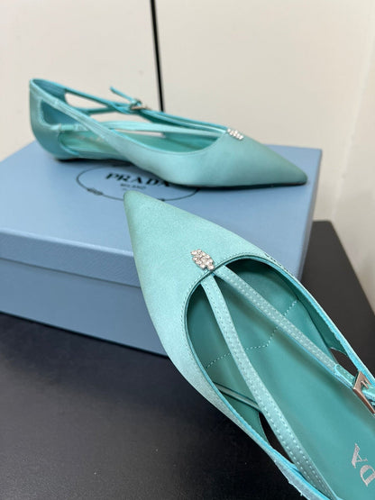 CUT-OUT BALLERINA FLAT IN TURQUOISE BLUE SATIN ATTACHED BEAD BUCKLE