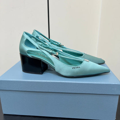 CUT-OUT PUMPS WITH BEAD BUCKLE IN TURQUOISE BLUE SATIN