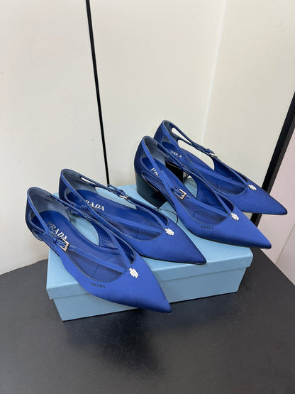 CUT-OUT PUMPS WITH BEAD BUCKLE IN NAVY BLUE SATIN