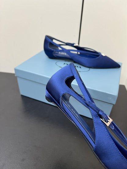 CUT-OUT BALLERINA FLAT IN NAVY BLUE SATIN ATTACHED BEAD BUCKLE