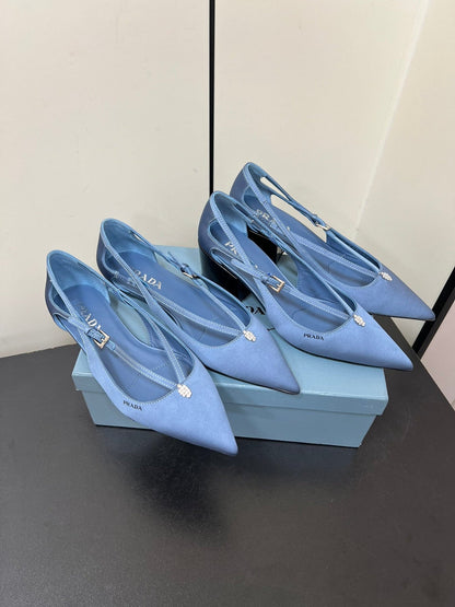 CUT-OUT PUMPS WITH BEAD BUCKLE IN PERANO BLUE SATIN