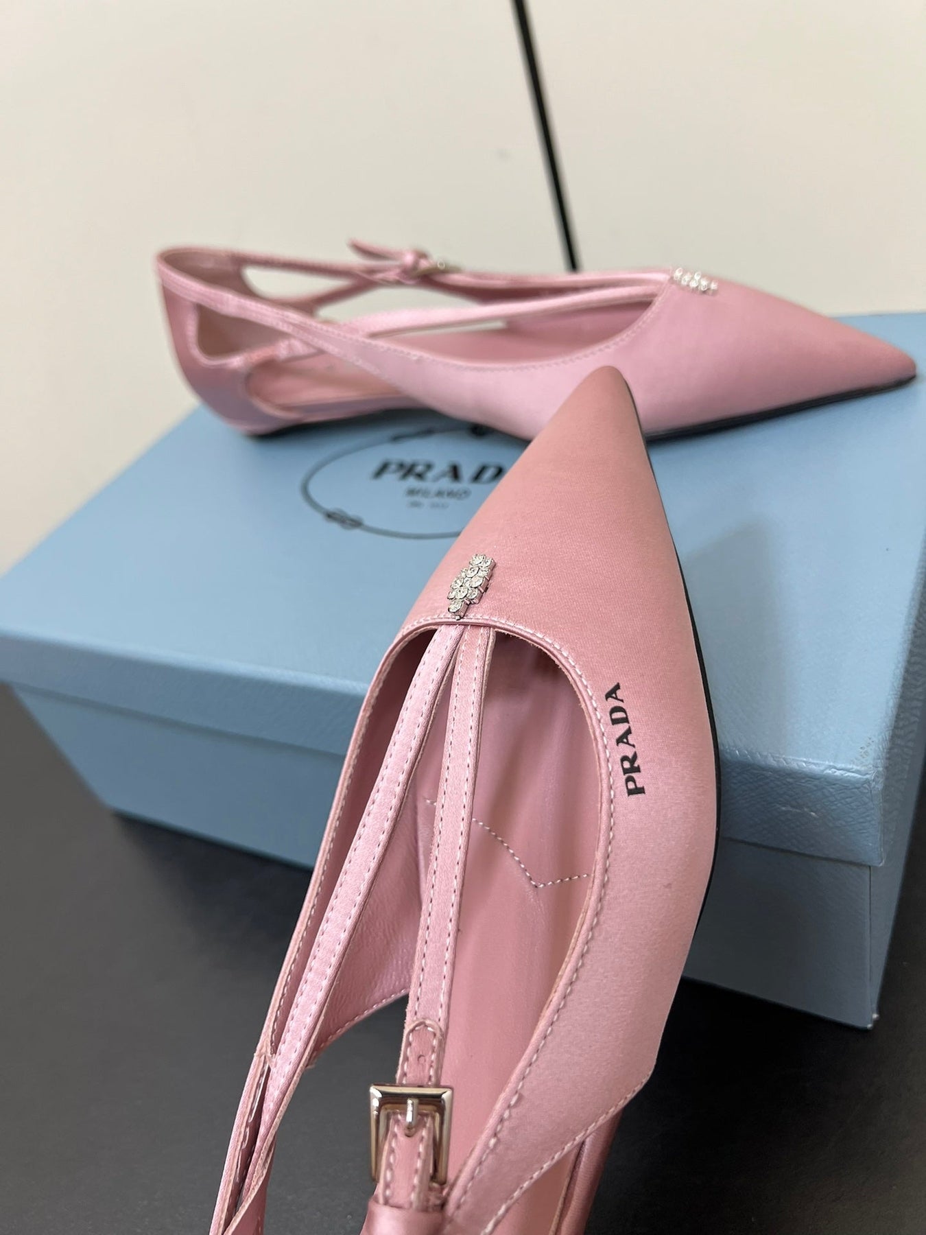 CUT-OUT BALLERINA FLAT IN BABY PINK SATIN ATTACHED BEAD BUCKLE