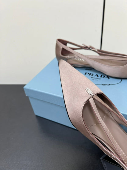 CUT-OUT BALLERINA FLAT IN HAZELNUT BEIGE SATIN ATTACHED BEAD BUCKLE