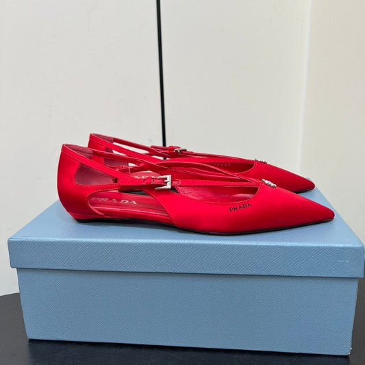 CUT-OUT BALLERINA FLAT IN CLASSIC RED SATIN ATTACHED BEAD BUCKLE