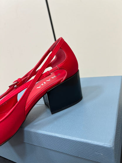 CUT-OUT PUMPS WITH BEAD BUCKLE IN CLASSIC RED SATIN