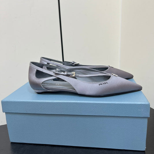 CUT-OUT BALLERINA FLAT IN WARM GRAY SATIN ATTACHED BEAD BUCKLE