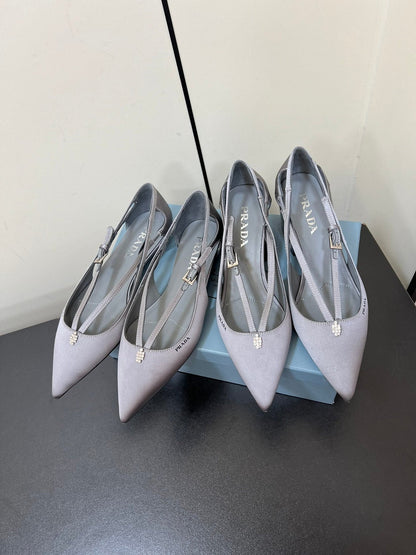 CUT-OUT PUMPS WITH BEAD BUCKLE IN WARM GRAY SATIN