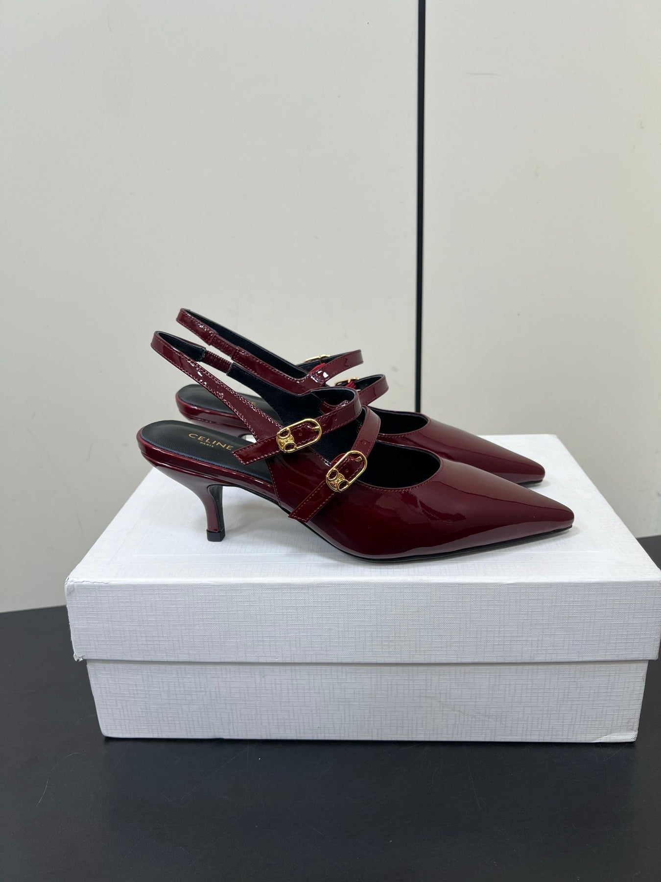 JUDY DOUBLE STRAP MARY JANE SLINGBACK IN BURGUNDY RED PATENT CALFSKIN