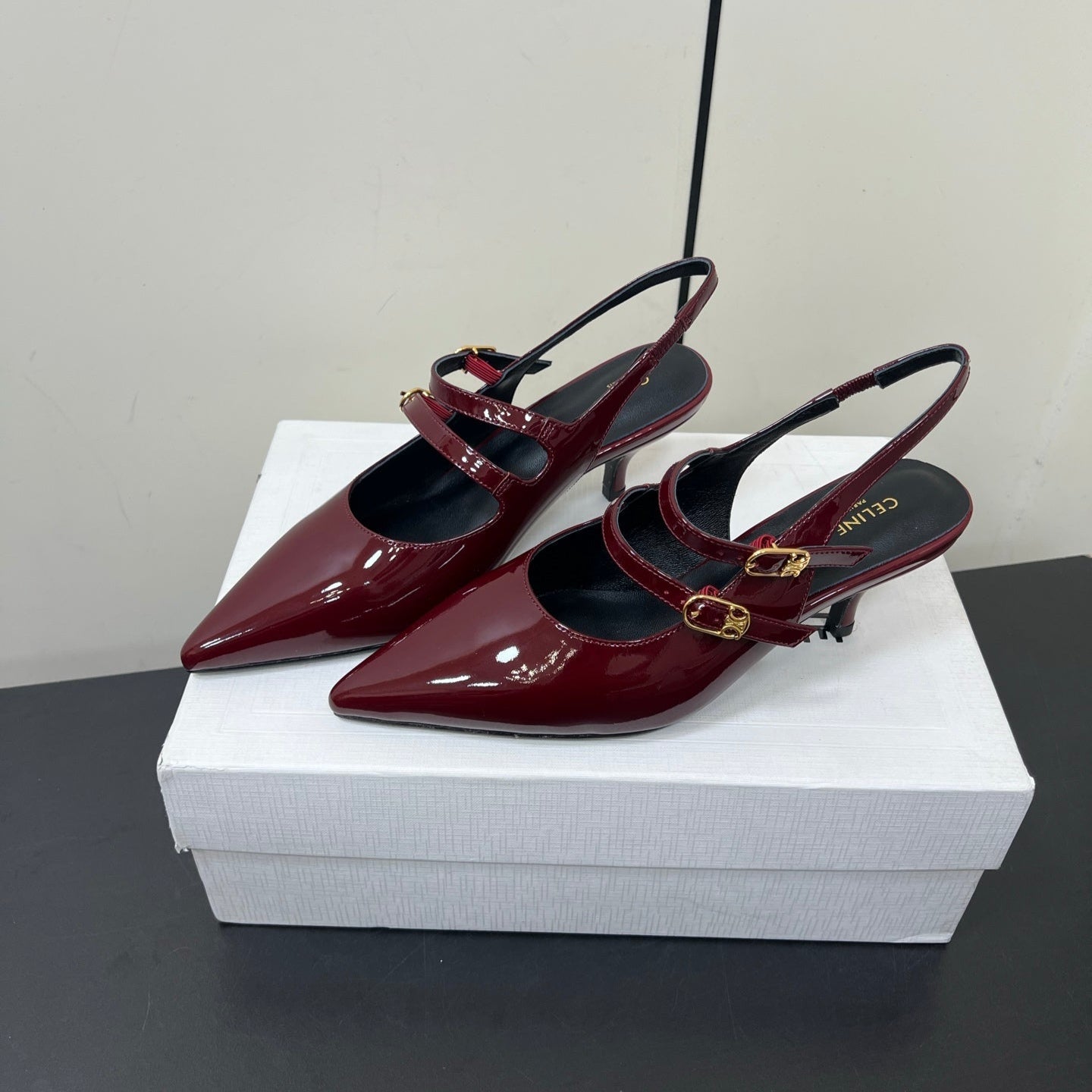JUDY DOUBLE STRAP MARY JANE SLINGBACK IN BURGUNDY RED PATENT CALFSKIN