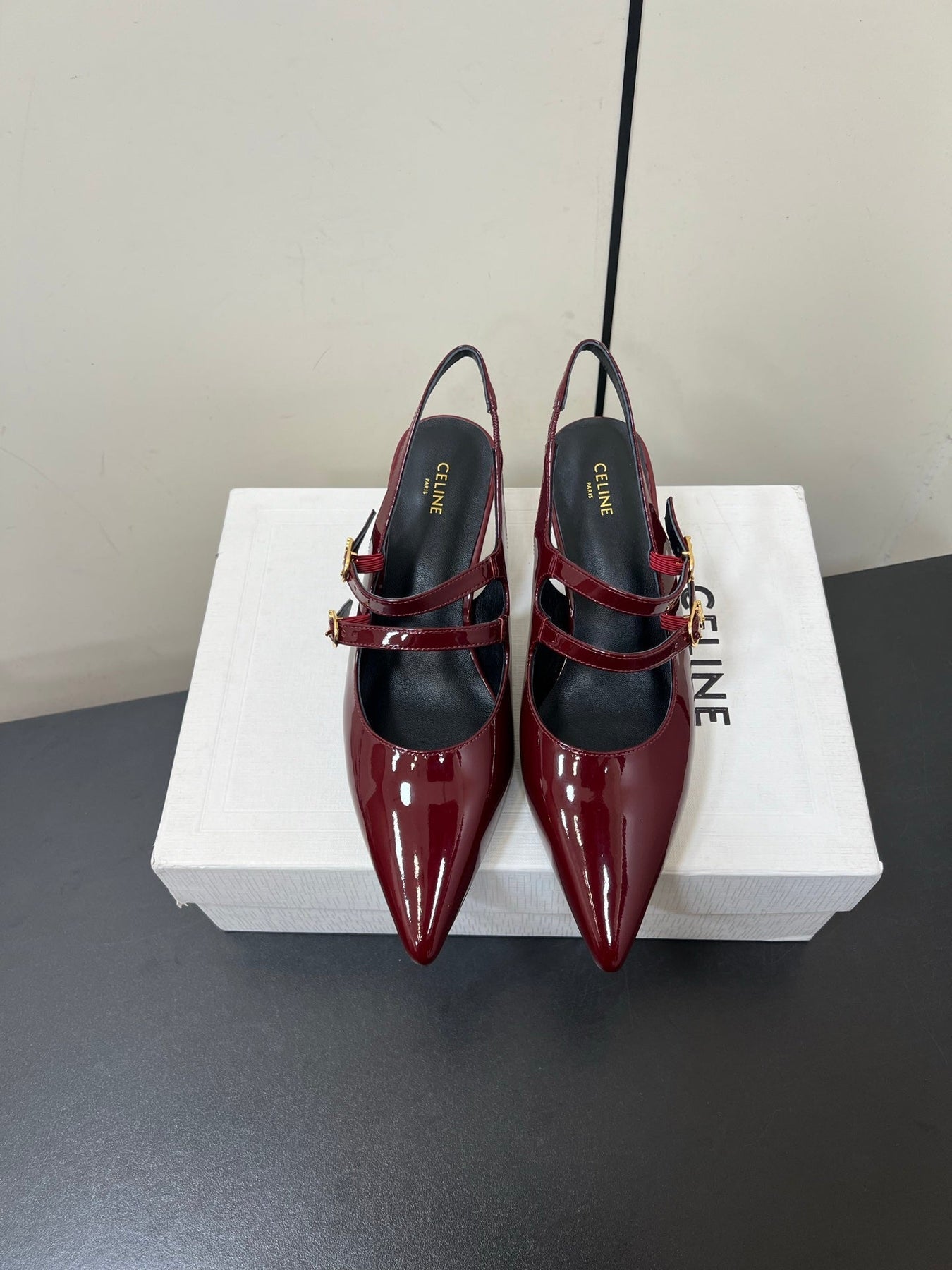 JUDY DOUBLE STRAP MARY JANE SLINGBACK IN BURGUNDY RED PATENT CALFSKIN