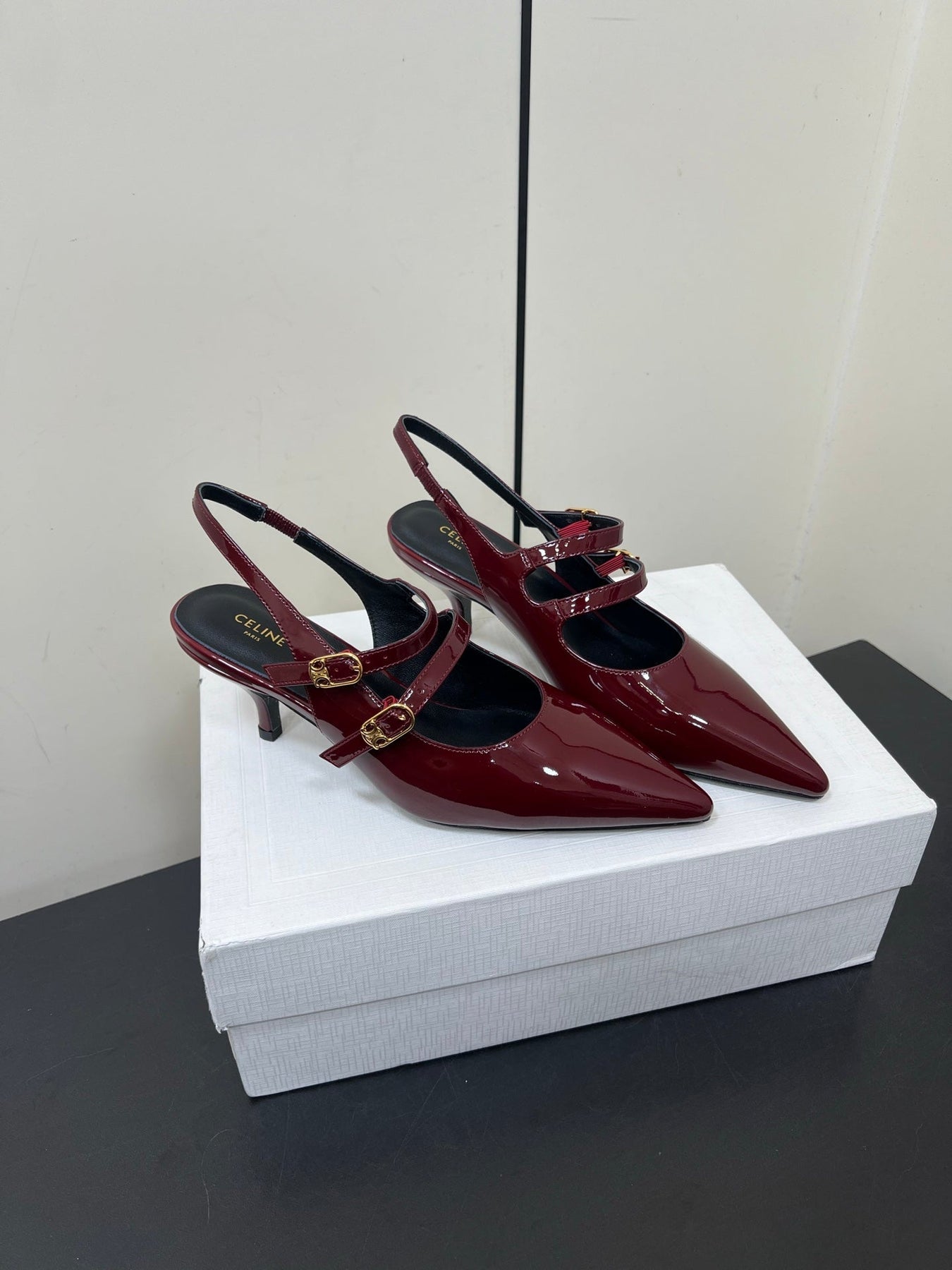 JUDY DOUBLE STRAP MARY JANE SLINGBACK IN BURGUNDY RED PATENT CALFSKIN