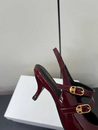 JUDY DOUBLE STRAP MARY JANE SLINGBACK IN BURGUNDY RED PATENT CALFSKIN