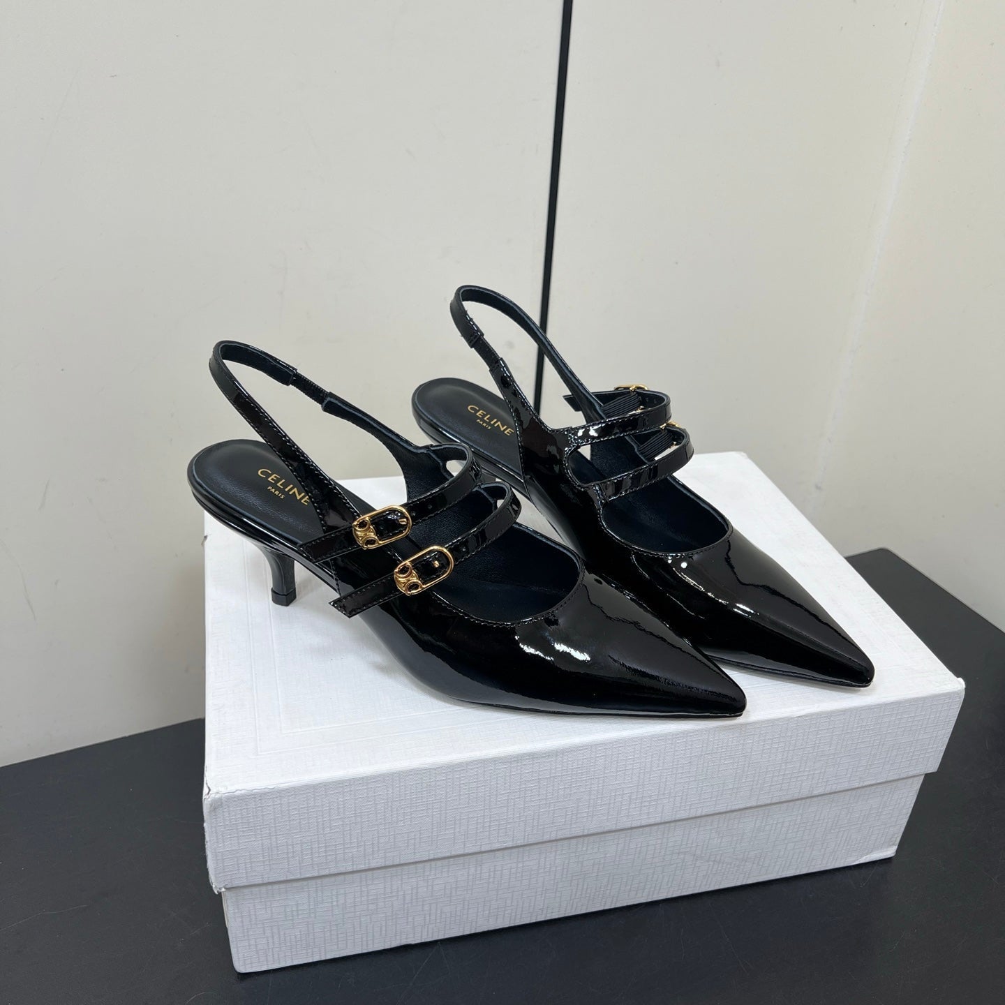 JUDY DOUBLE STRAP MARY JANE SLINGBACK IN BLACK PATENT CALFSKIN