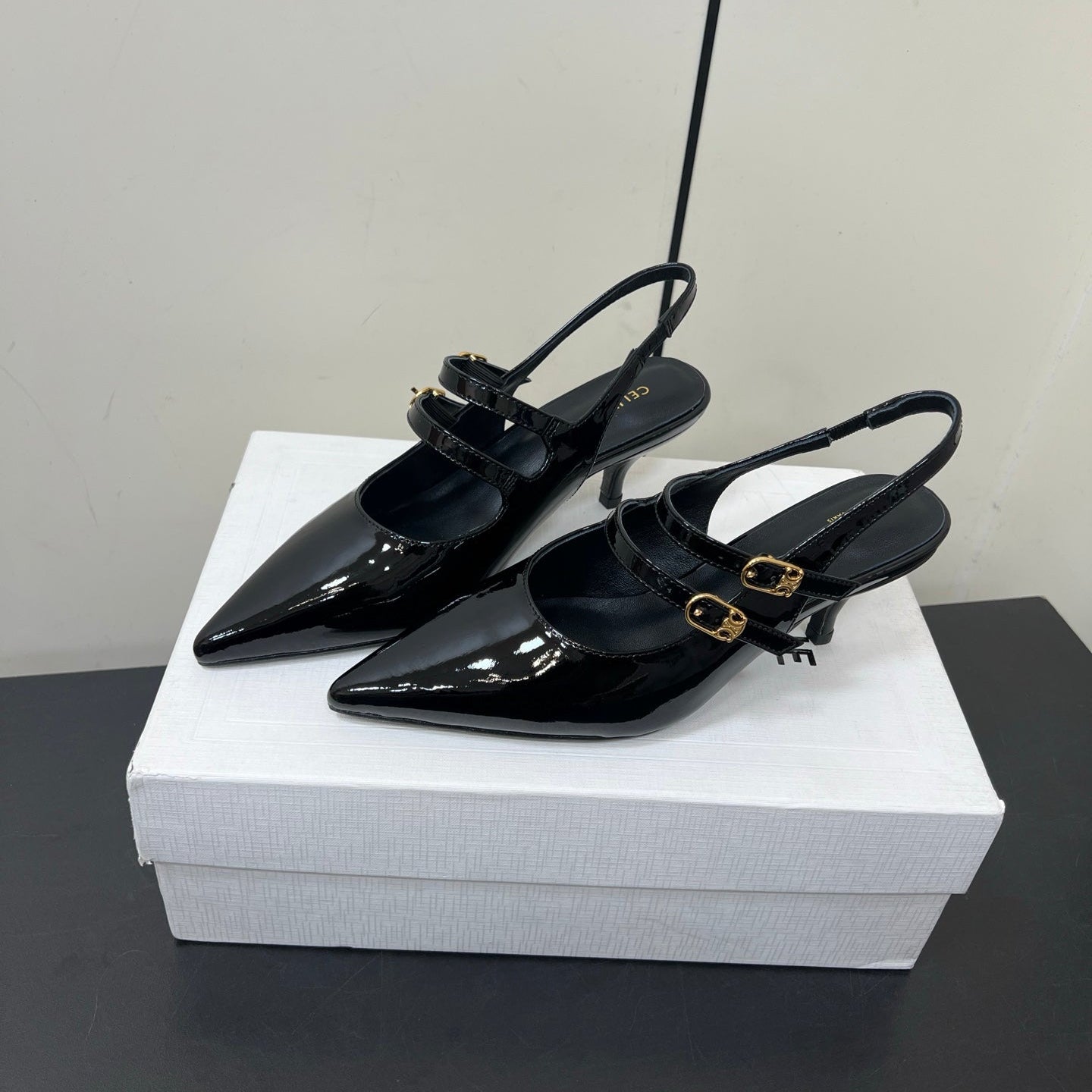 JUDY DOUBLE STRAP MARY JANE SLINGBACK IN BLACK PATENT CALFSKIN
