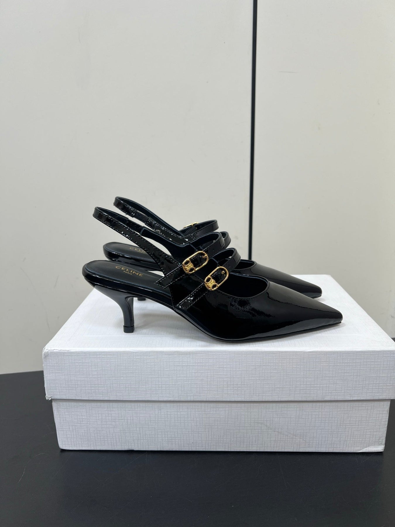JUDY DOUBLE STRAP MARY JANE SLINGBACK IN BLACK PATENT CALFSKIN