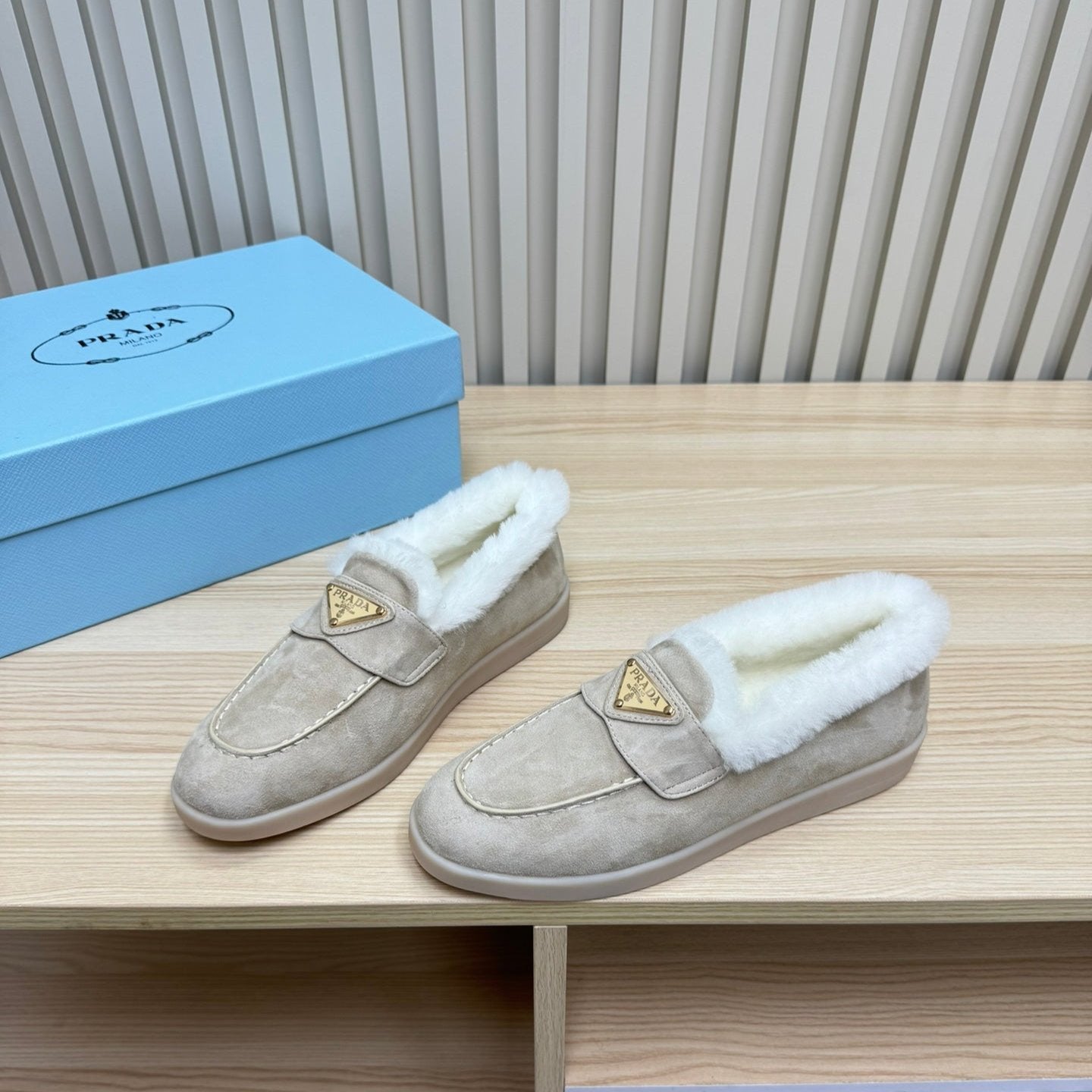 LOAFER IN KHAKI BEIGE SUEDE AND FUR LINING ATTACHED TRIANGLE LOGO