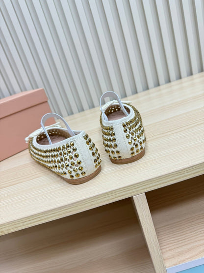 RHINESTONES MARY JANE FLATS IN CREAM SUEDE