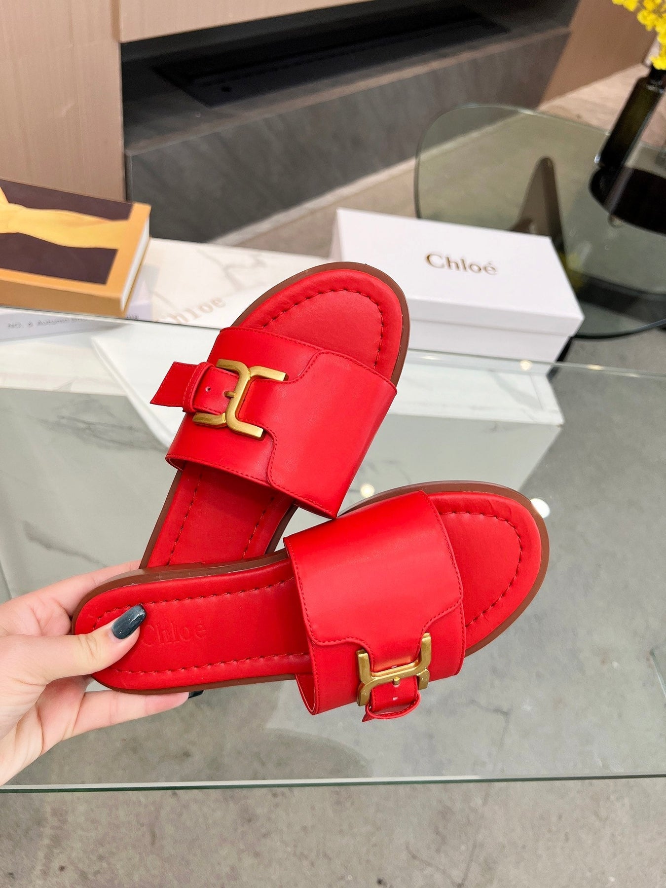 HLOE MARCIE SLIDE IN CHERRY RED CALFSKIN WITH GOLD HARDWARE