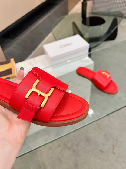 HLOE MARCIE SLIDE IN CHERRY RED CALFSKIN WITH GOLD HARDWARE